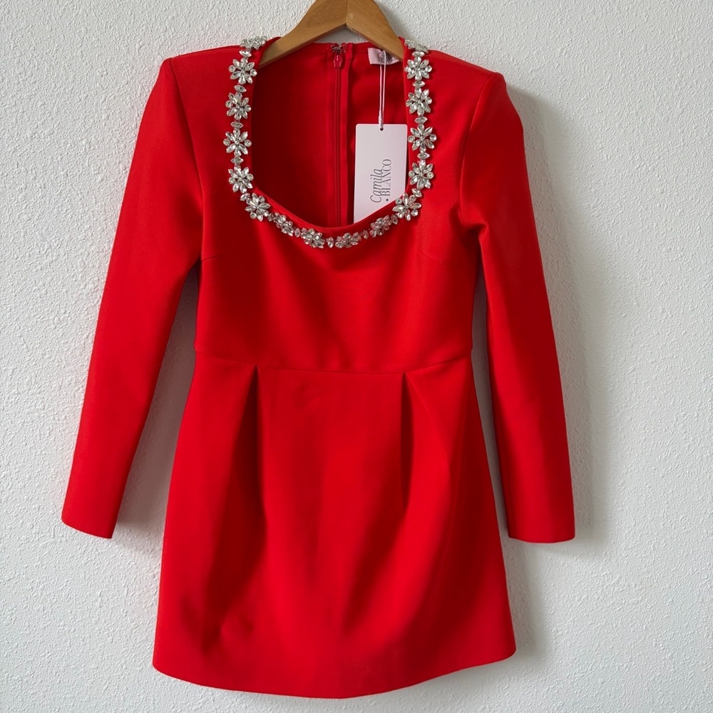 Camila Blanco Long Sleeve Mini Dress Red Size 6 Rhinestone Holiday Party